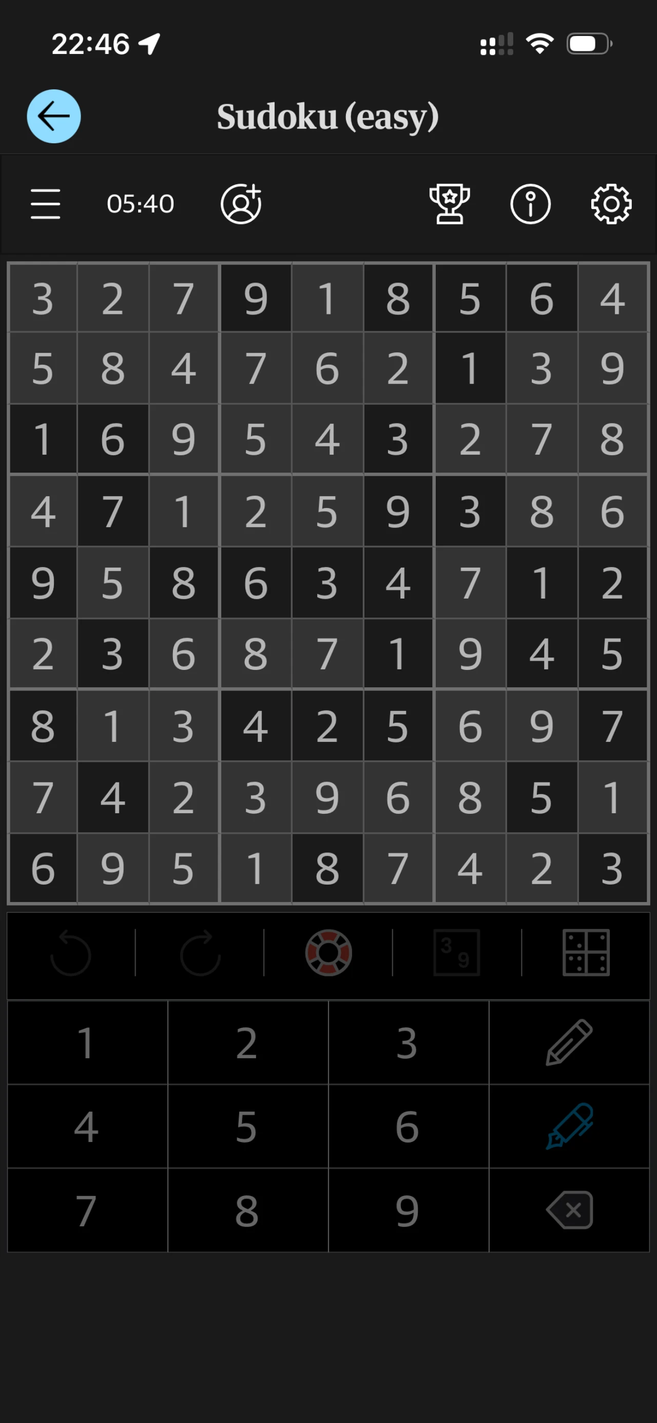 completed sudoku puzzle with a timer showing 05:40